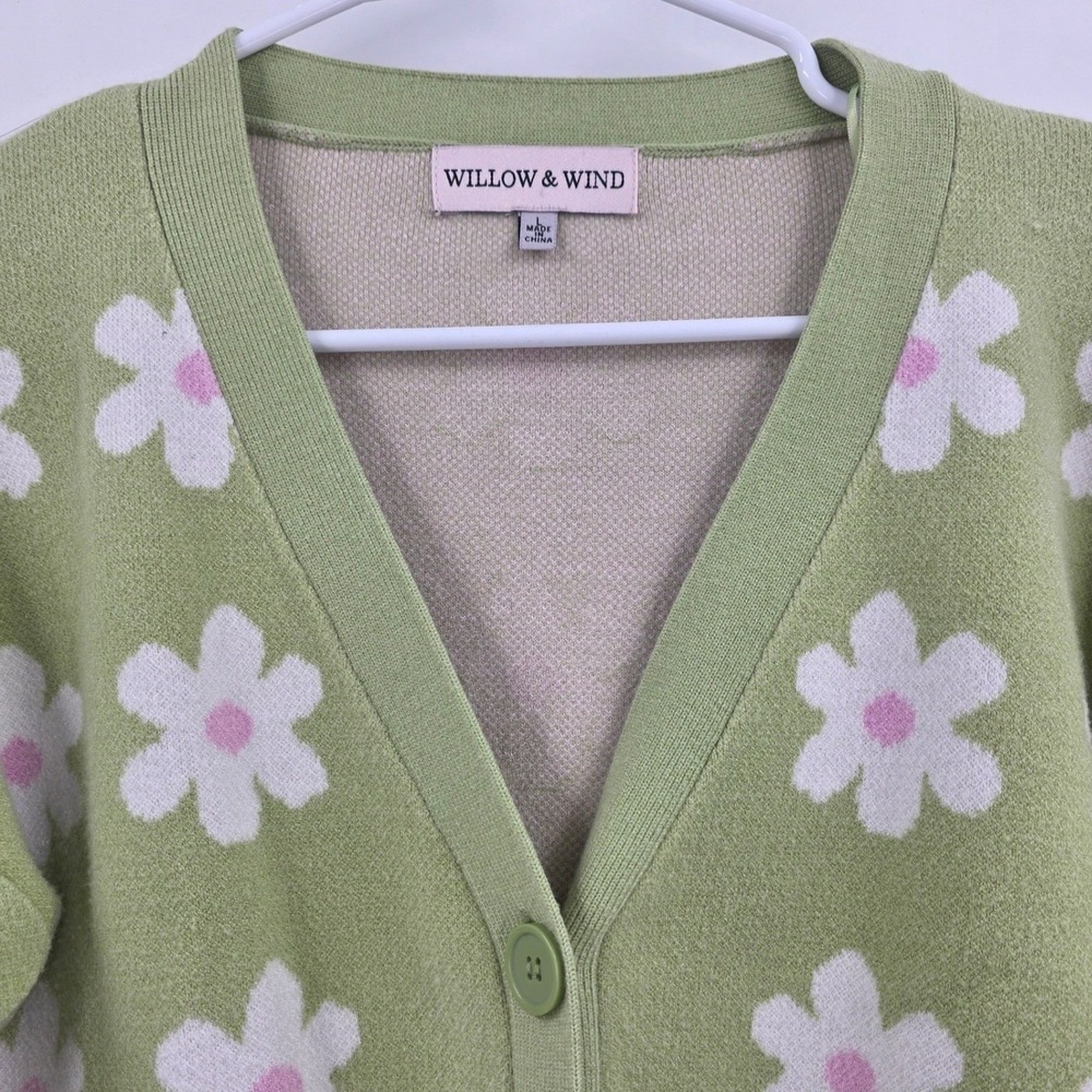 WILLOW & WIND DAISY CARDIGAN WOMENS LARGE GREEN WHITE FLORAL SOFT RAYON HIPPIE - Picture 4 of 12